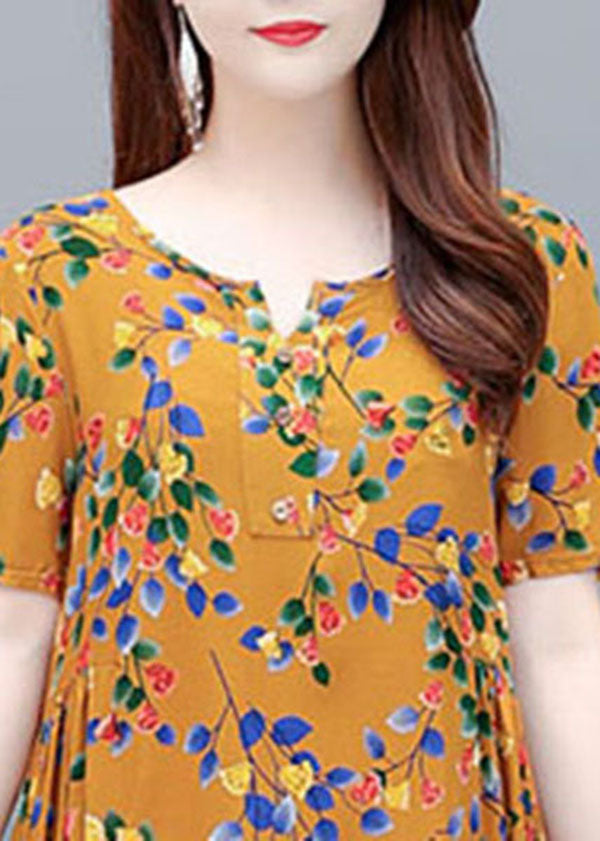 Yellow Print Cotton Party Dress Wrinkled Pockets Short Sleeve