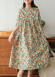 Yellow Print Cotton Vacation Dresses Wrinkled Short Sleeve