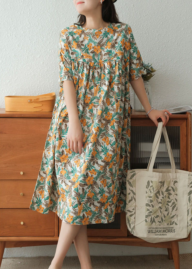 Yellow Print Cotton Vacation Dresses Wrinkled Short Sleeve