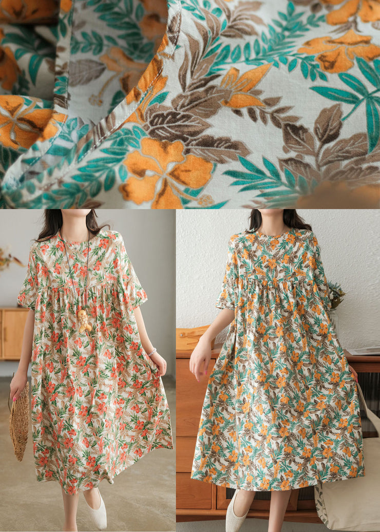 Yellow Print Cotton Vacation Dresses Wrinkled Short Sleeve