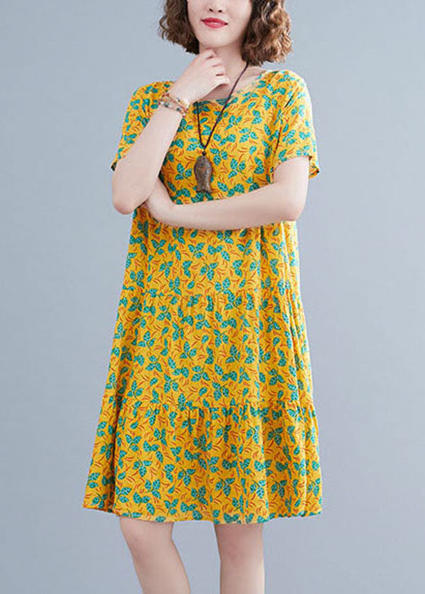 Yellow Print Patchwork Cotton Long Dresses O-Neck Wrinkled Short Sleeve