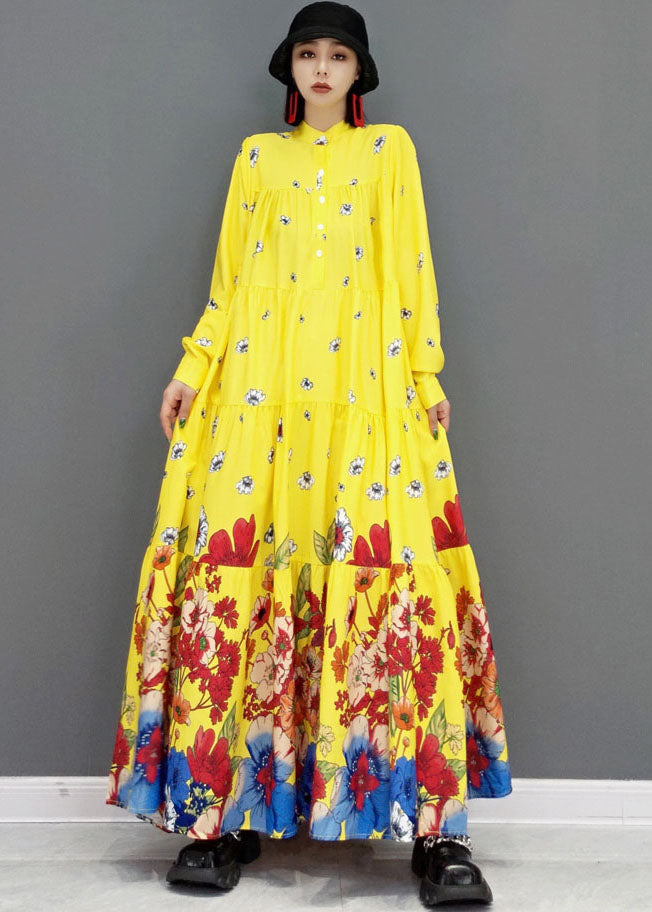 Yellow Print Patchwork Cotton Long Shirt Dresses Wrinkled Long Sleeve