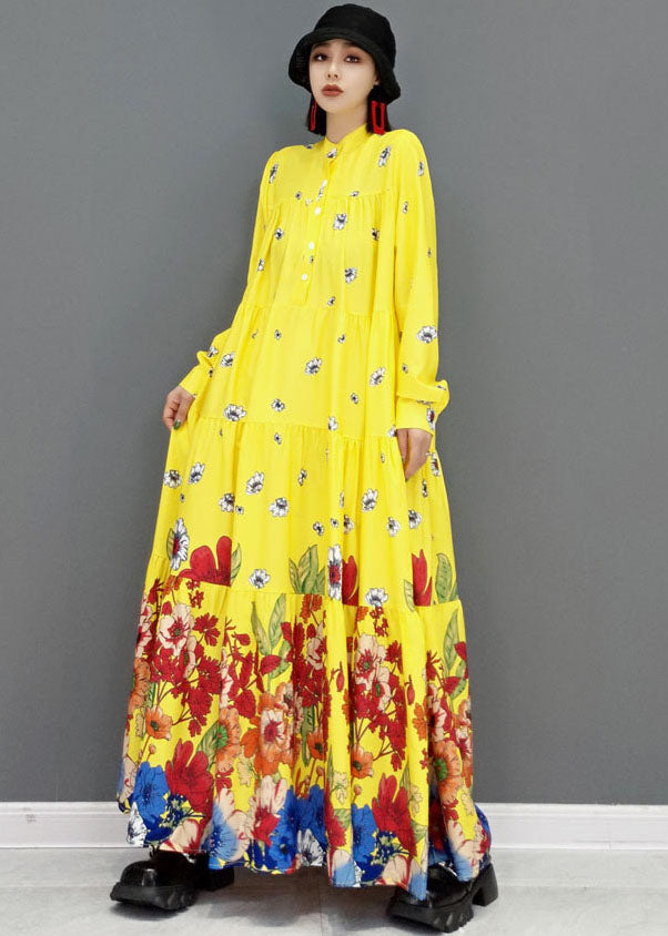 Yellow Print Patchwork Cotton Long Shirt Dresses Wrinkled Long Sleeve