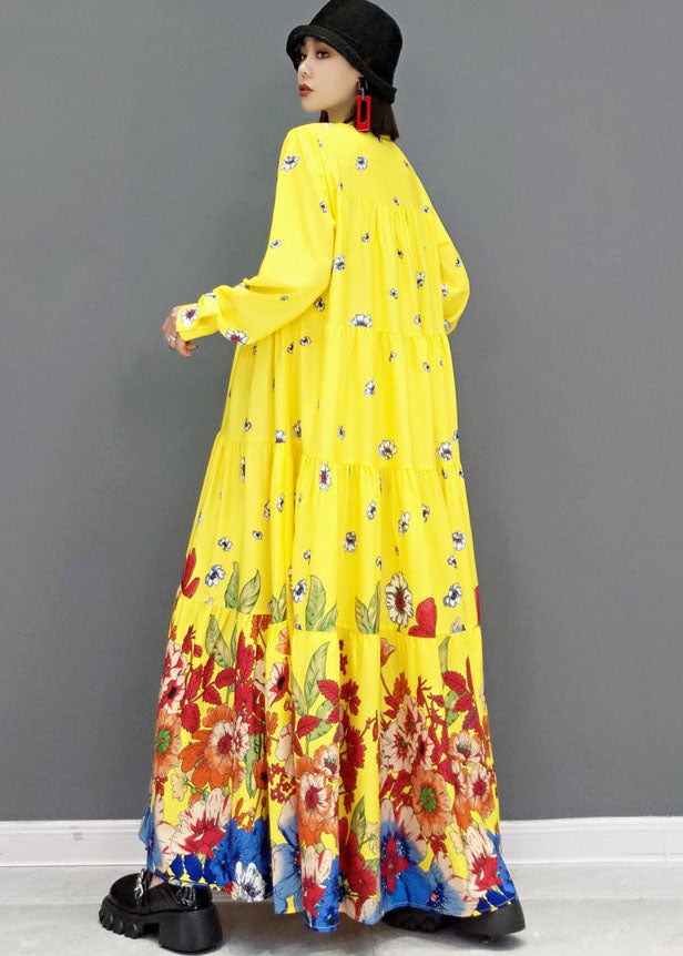 Yellow Print Patchwork Cotton Long Shirt Dresses Wrinkled Long Sleeve