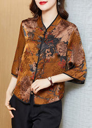 Yellow Print Silk Chinese Style Shirt Tops Stand Collar Button Half Sleeve