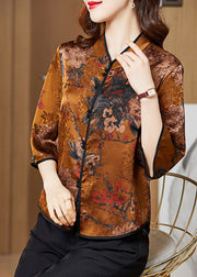 Yellow Print Silk Chinese Style Shirt Tops Stand Collar Button Half Sleeve