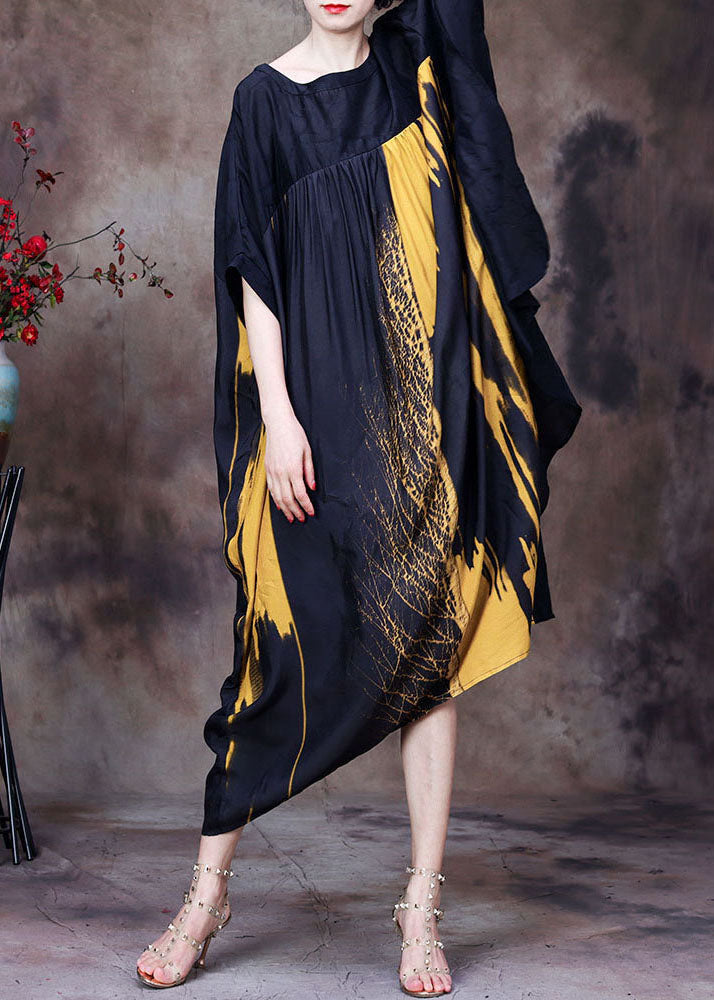 Yellow Print Chiffon Loose Beach Dresses O-Neck Wrinkled Batwing Sleeve