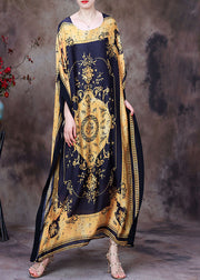 Yellow Print Silk Loose Long Dresses Gown Asymmetrical Design Batwing Sleeve