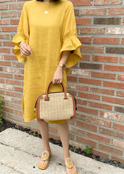 Yellow Side Open Vacation Dresses Half Sleeve