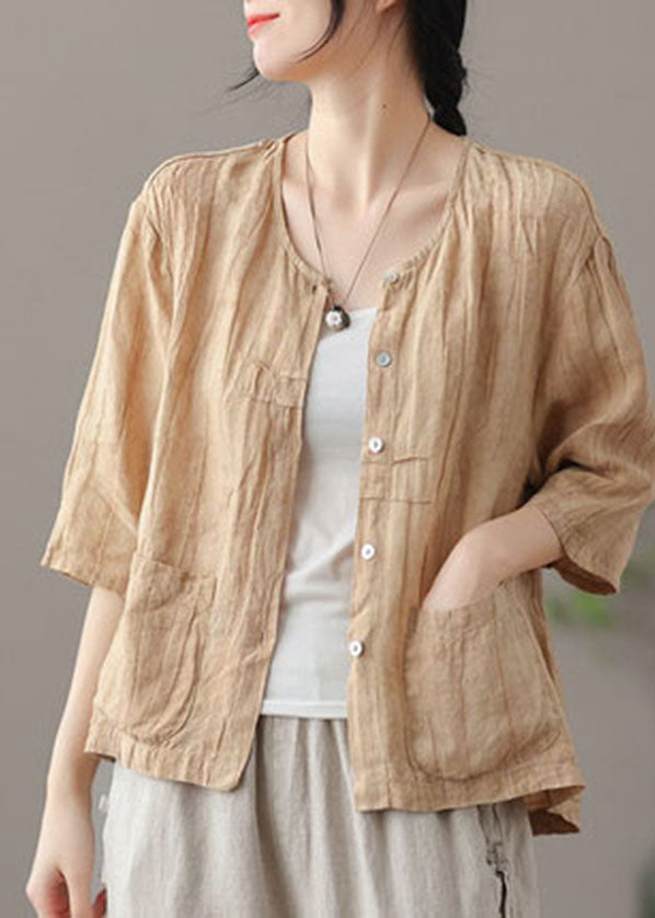 Yellow Solid Patchwork Linen Shirt Tops Pockets Bracelet Sleeve