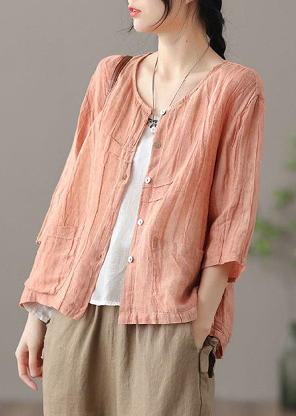 Yellow Solid Patchwork Linen Shirt Tops Pockets Bracelet Sleeve