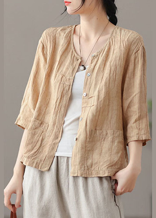 Yellow Solid Patchwork Linen Shirt Tops Pockets Bracelet Sleeve