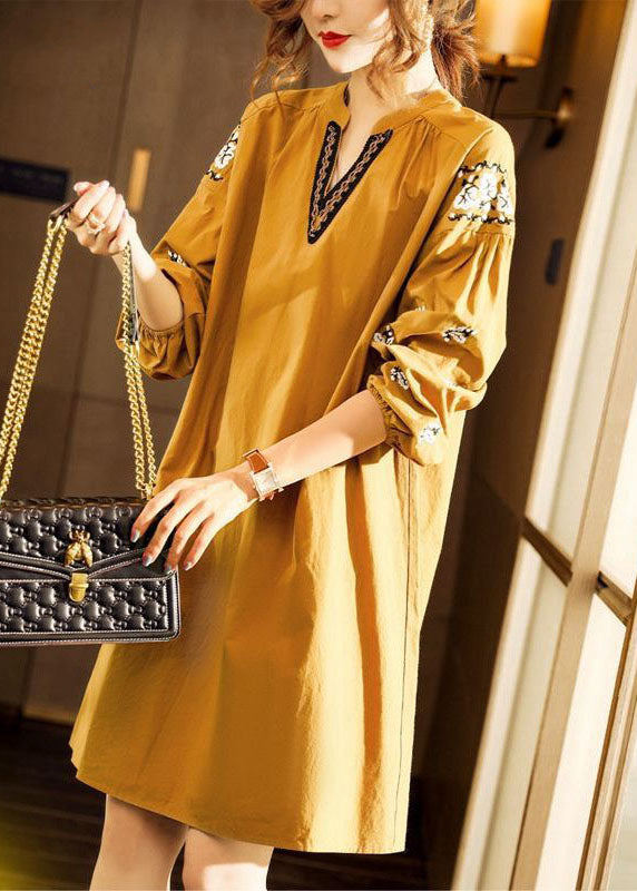 Yellow V Neck fashion Cotton Dresses Spring