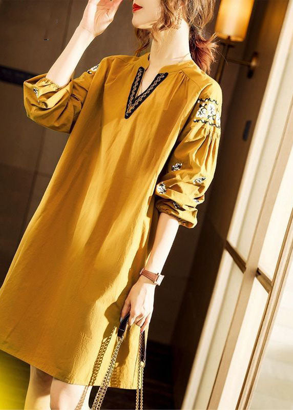 Yellow V Neck fashion Cotton Dresses Spring