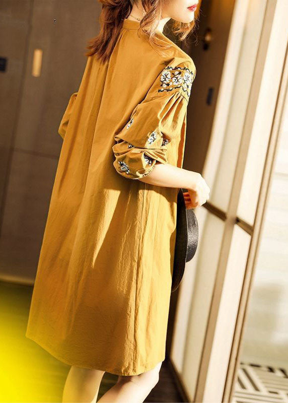 Yellow V Neck fashion Cotton Dresses Spring