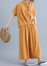 Yellow cotton linen two-piece irregular-breasted V-neck pullover shirt nine points wide leg skirt pants - SooLinen