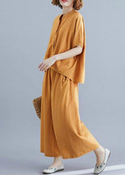 Yellow cotton linen two-piece irregular-breasted V-neck pullover shirt nine points wide leg skirt pants - SooLinen