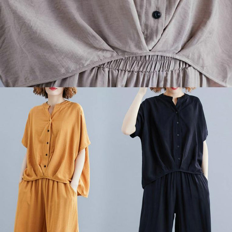 Yellow cotton linen two-piece irregular-breasted V-neck pullover shirt nine points wide leg skirt pants - SooLinen