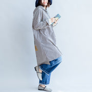 autumn black beige striped prints cotton shirt dress plus size hooded cardigans mid dress