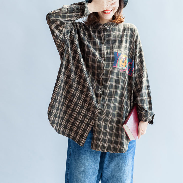 autumn casual blackish green cotton blouse oversize cartoon print batwing sleeve tops