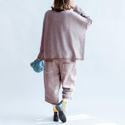 autumn light purple casual cotton knit tops and casual knit crop pants plus size pockets sport suit