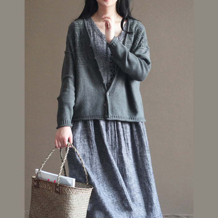 autumn new dark gray v neck cotton blended knit cardigans casual chunky cable sweater coat