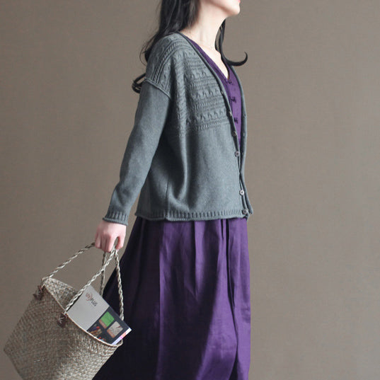 autumn new dark gray v neck cotton blended knit cardigans casual chunky cable sweater coat