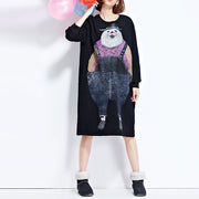 autumn new navy cartoon print cotton dresses baggy loose cute casual dress