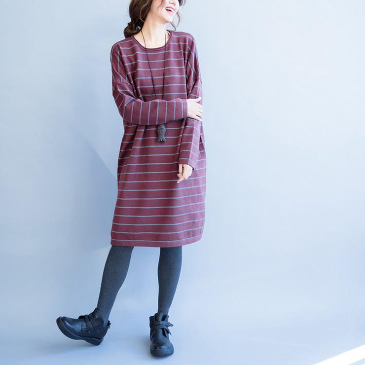 autumn new red striped woolen blended sweater dresses loose casual o neck knit sweater dress