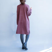 autumn new red striped woolen blended sweater dresses loose casual o neck knit sweater dress