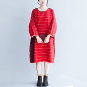 autumn plus size red striped cotton dresses tie waist long sleeve woolen casual dress