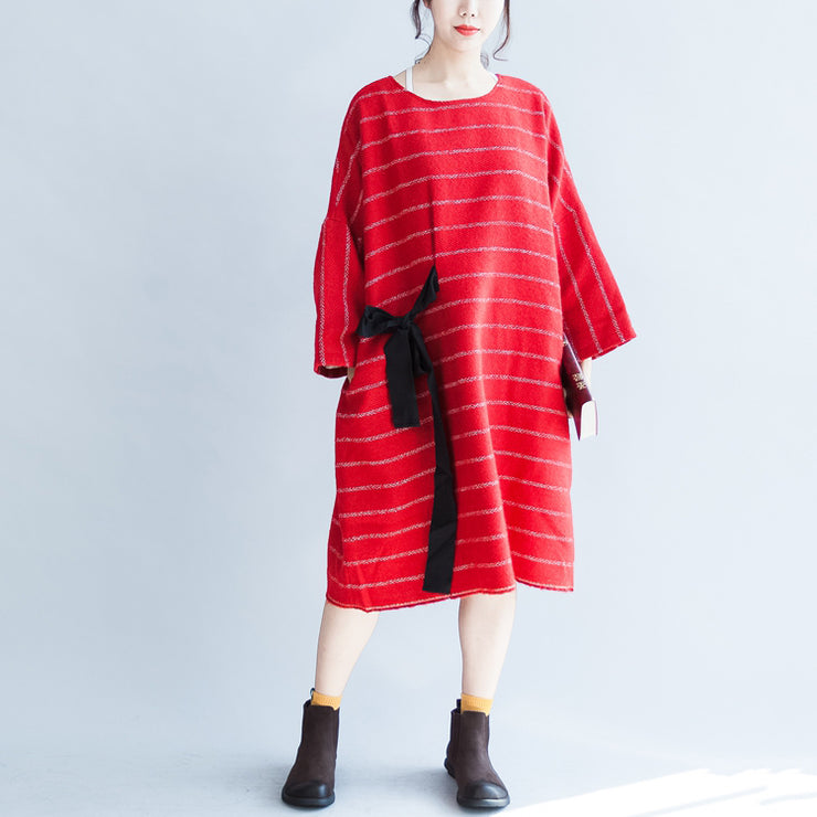 autumn plus size red striped cotton dresses tie waist long sleeve woolen casual dress