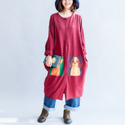 autumn red casual cotton coats oversize o neck long sleeve cardigans