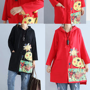 autumn red new hooded cotton coats plus size print big pocket cardigans outwear