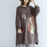 autumn warm khaki cartoon print cotton dresses plus size lantern sleeve pullover dress