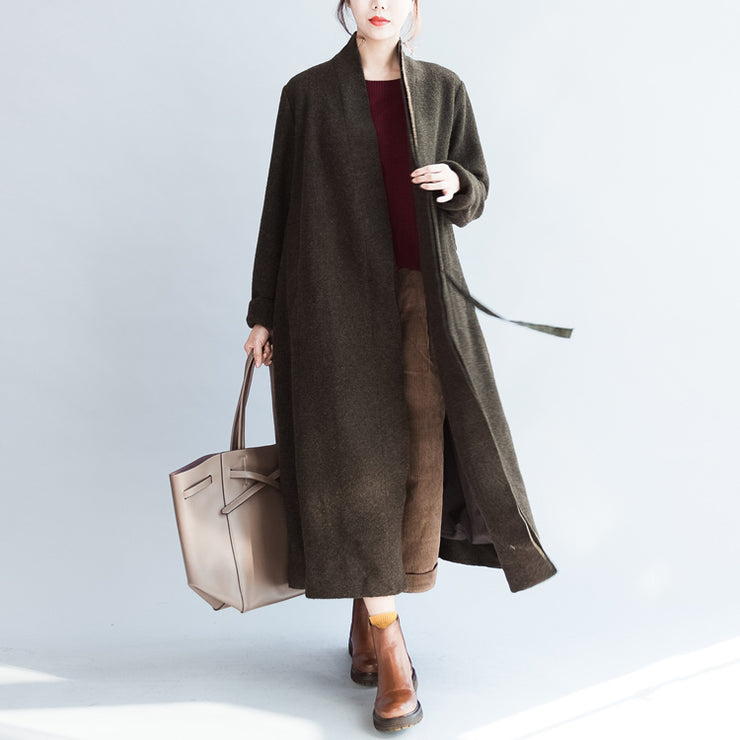 autumn winter blackish green fashion woolen cardigans plus size tie waist women trench coats