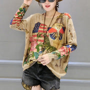 autumn winter new butterfly prints cotton knit t shirt oversize women o neck sweater