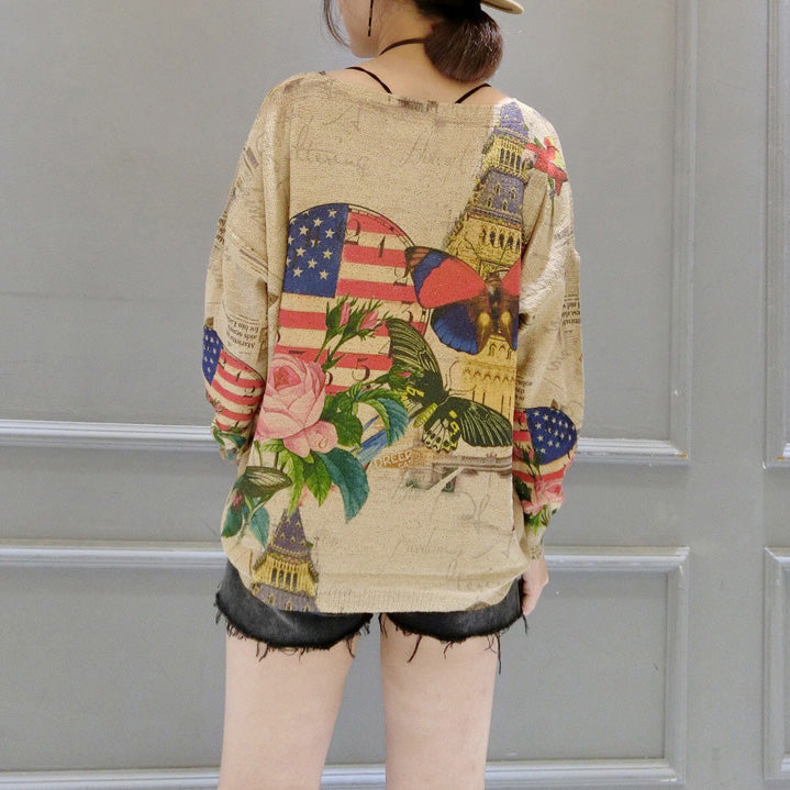 autumn winter new butterfly prints cotton knit t shirt oversize women o neck sweater