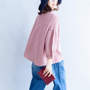 back button cotton t shirt oversize casual red white grid long sleeve tops