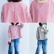 back button cotton t shirt oversize casual red white grid long sleeve tops