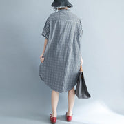 baggy Plaid natural cotton dress trendy plus size cotton clothing dresses Elegant short sleeve Stand cotton clothing