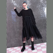 baggy black casual fall dresses patchwork tulle asymmetrical design women O neck Rivet knee dresses