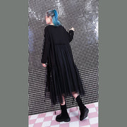 baggy black casual fall dresses patchwork tulle asymmetrical design women O neck Rivet knee dresses