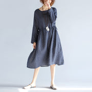 baggy blue cotton linen knee dress plus size traveling clothing 2018 long sleeve large hem O neck dotted knee dresses