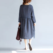 baggy blue cotton linen knee dress plus size traveling clothing 2018 long sleeve large hem O neck dotted knee dresses