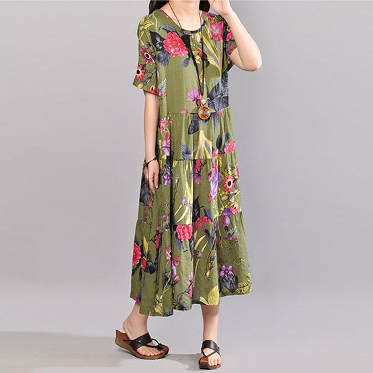 baggy cotton sundress plus size clothing Retro Printed Dresses Summer Short Sleeve Green Dress