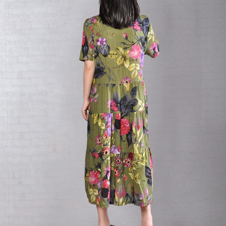 baggy cotton sundress plus size clothing Retro Printed Dresses Summer Short Sleeve Green Dress