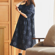 baggy dark blue dotted cotton linen dress trendy plus size o neck baggy dresses Fine long sleeve dresses