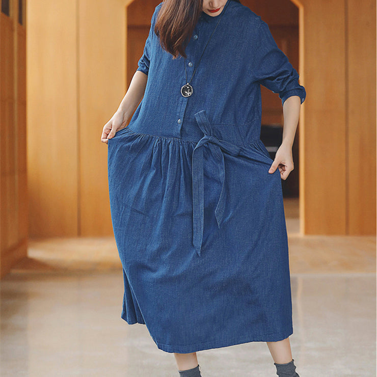 baggy denim blue long cotton linen dresses casual Turn-down Collar tie waist traveling dress fine long sleeve baggy dresses