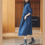 baggy denim blue long cotton linen dresses casual Turn-down Collar tie waist traveling dress fine long sleeve baggy dresses